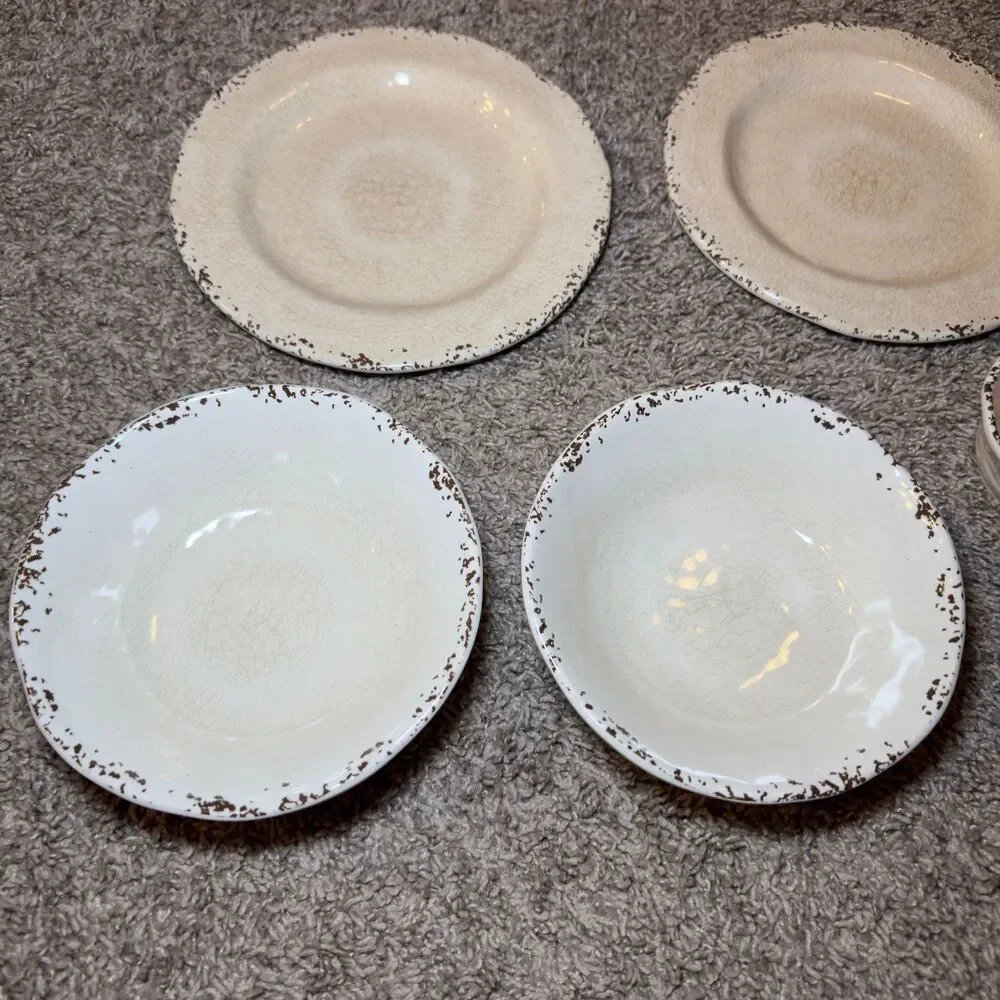 Pier 1 Imports Carmelo Melamine Crackle Bowls Plates Snack Dish LOT of 7 Ivory